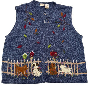 Bobbie Brooks Sweater Vest Womens 26-28W Blue Puppy Dogs Embroidered Button Up